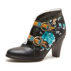 CrazycatZ Leather Pumps,Womens Colorful Vintage Block Heel Oxford Vintage Shoes Ankle