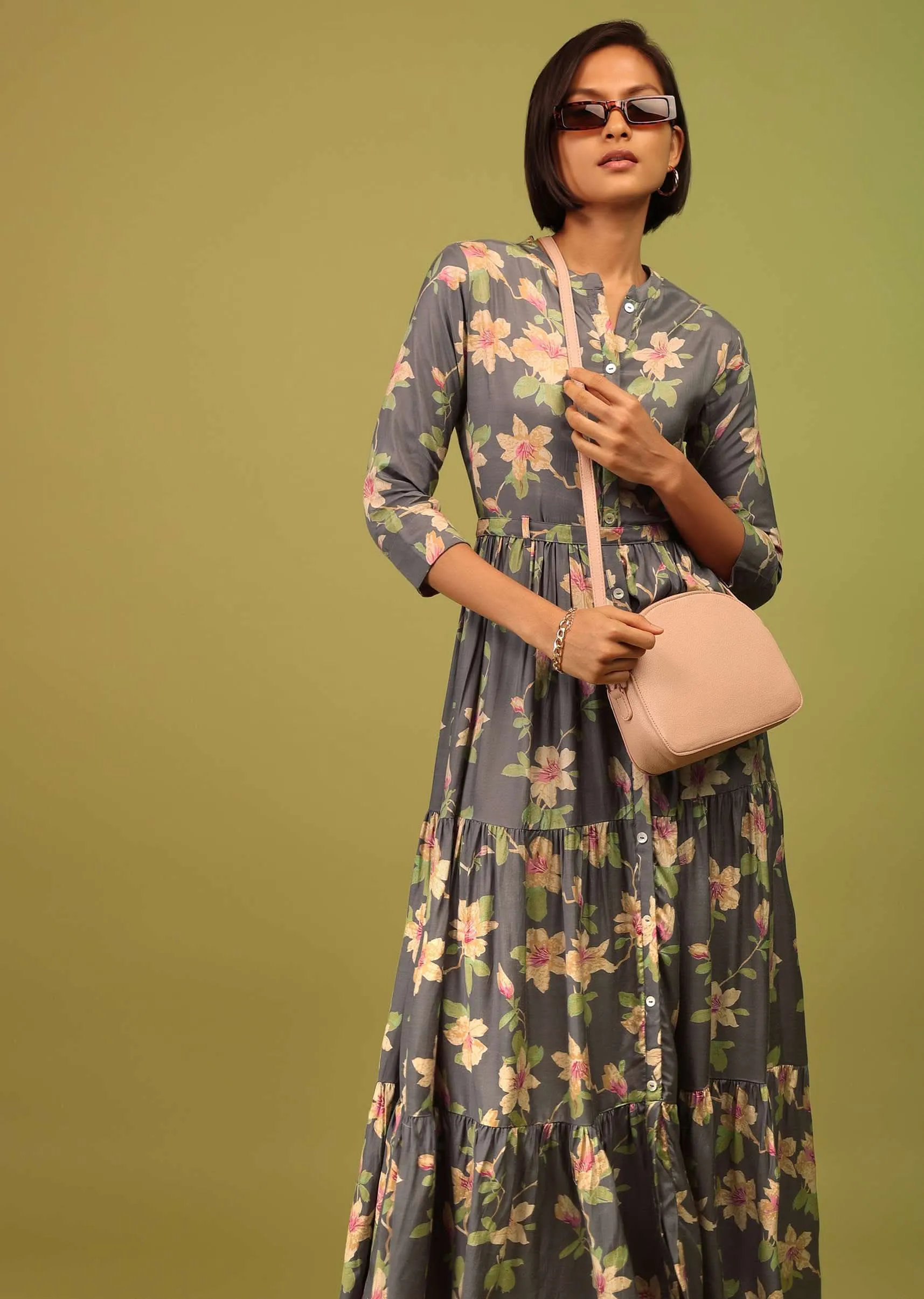 Fog Grey Tiered Dress In Cotton Silk With Multicolored Floral Print And Mock Placket Online - RE By Kalki