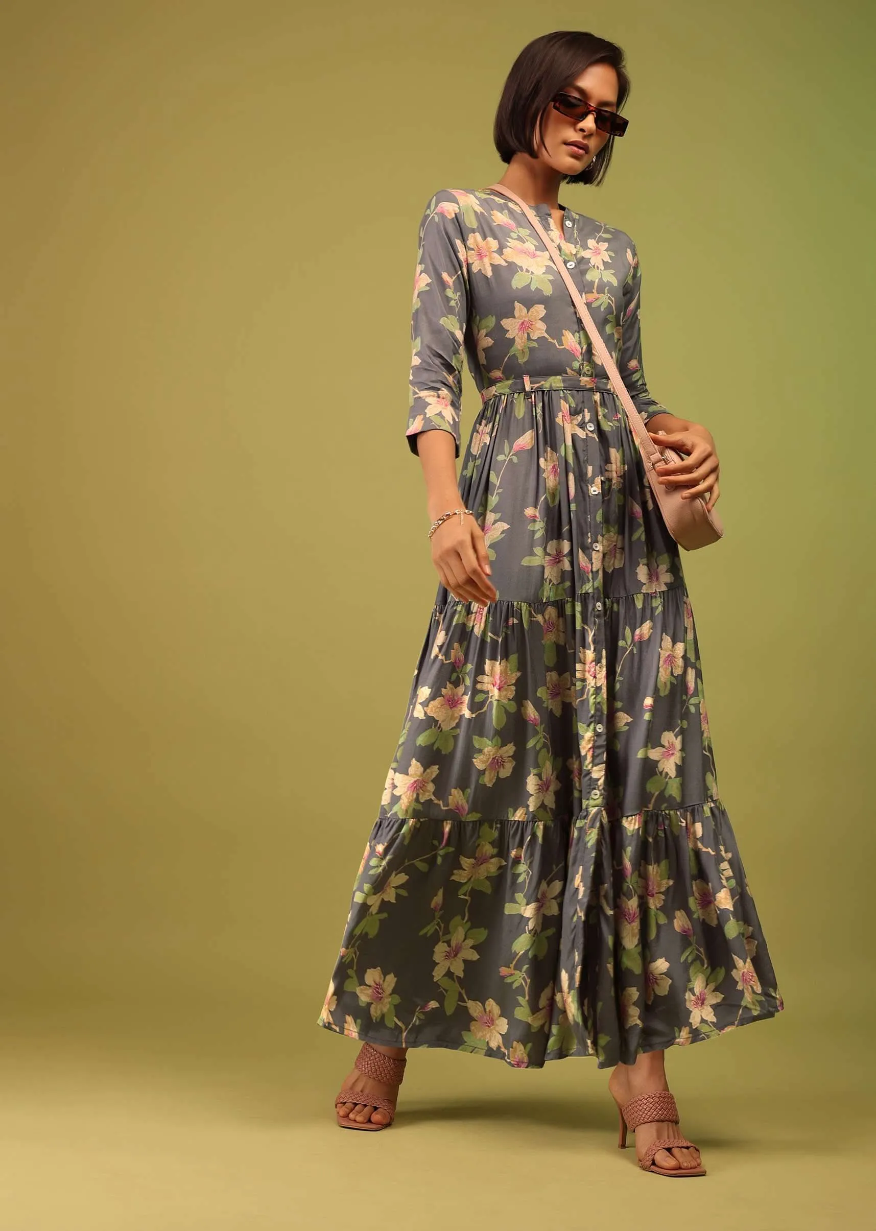 Fog Grey Tiered Dress In Cotton Silk With Multicolored Floral Print And Mock Placket Online - RE By Kalki