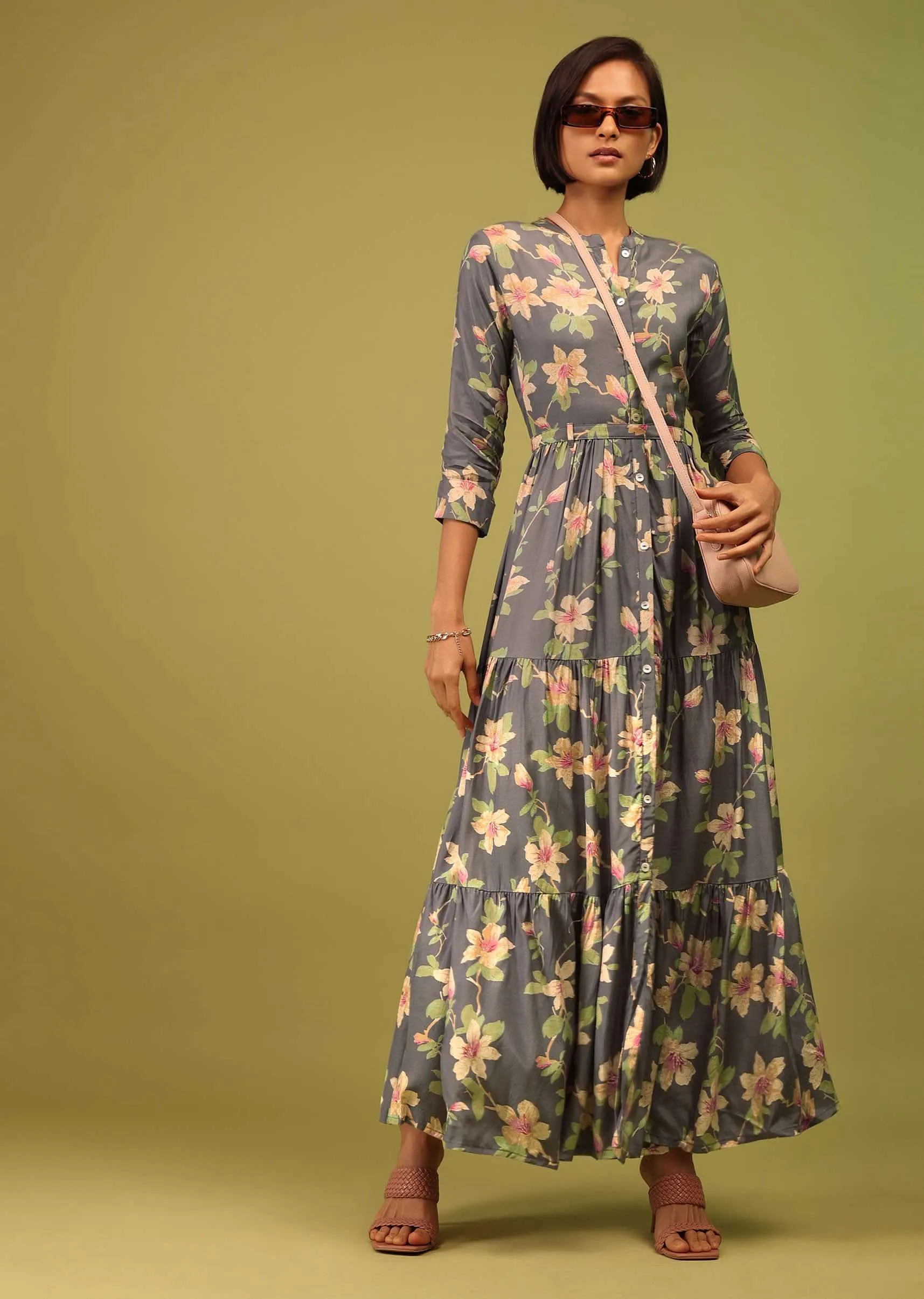 Fog Grey Tiered Dress In Cotton Silk With Multicolored Floral Print And Mock Placket Online - RE By Kalki