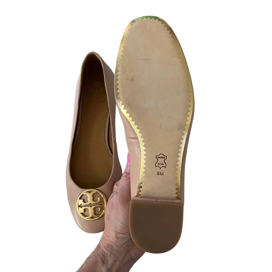 Tory Burch Chelsea Logo 25mm Ballet Flats Shoes Leather Size 8 Nude