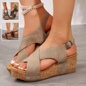 Women's Studded Wedge Sandals with Thick Soles and Peep-Toe Design for Summer