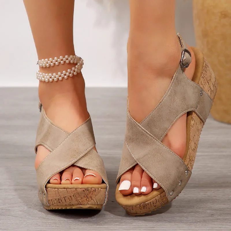 Women's Studded Wedge Sandals with Thick Soles and Peep-Toe Design for Summer