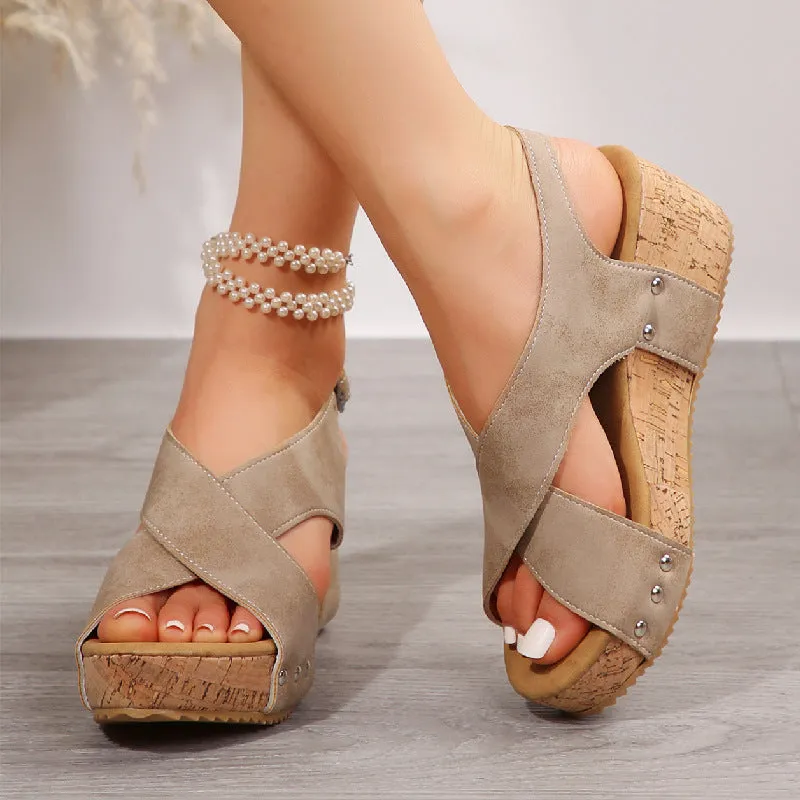 Women's Studded Wedge Sandals with Thick Soles and Peep-Toe Design for Summer