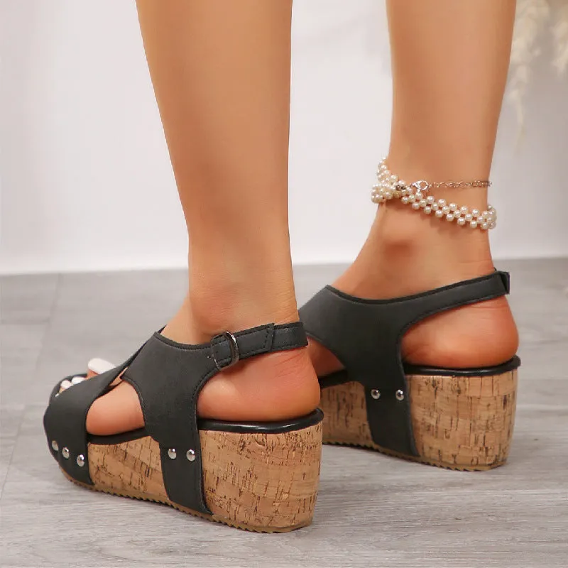 Women's Studded Wedge Sandals with Thick Soles and Peep-Toe Design for Summer